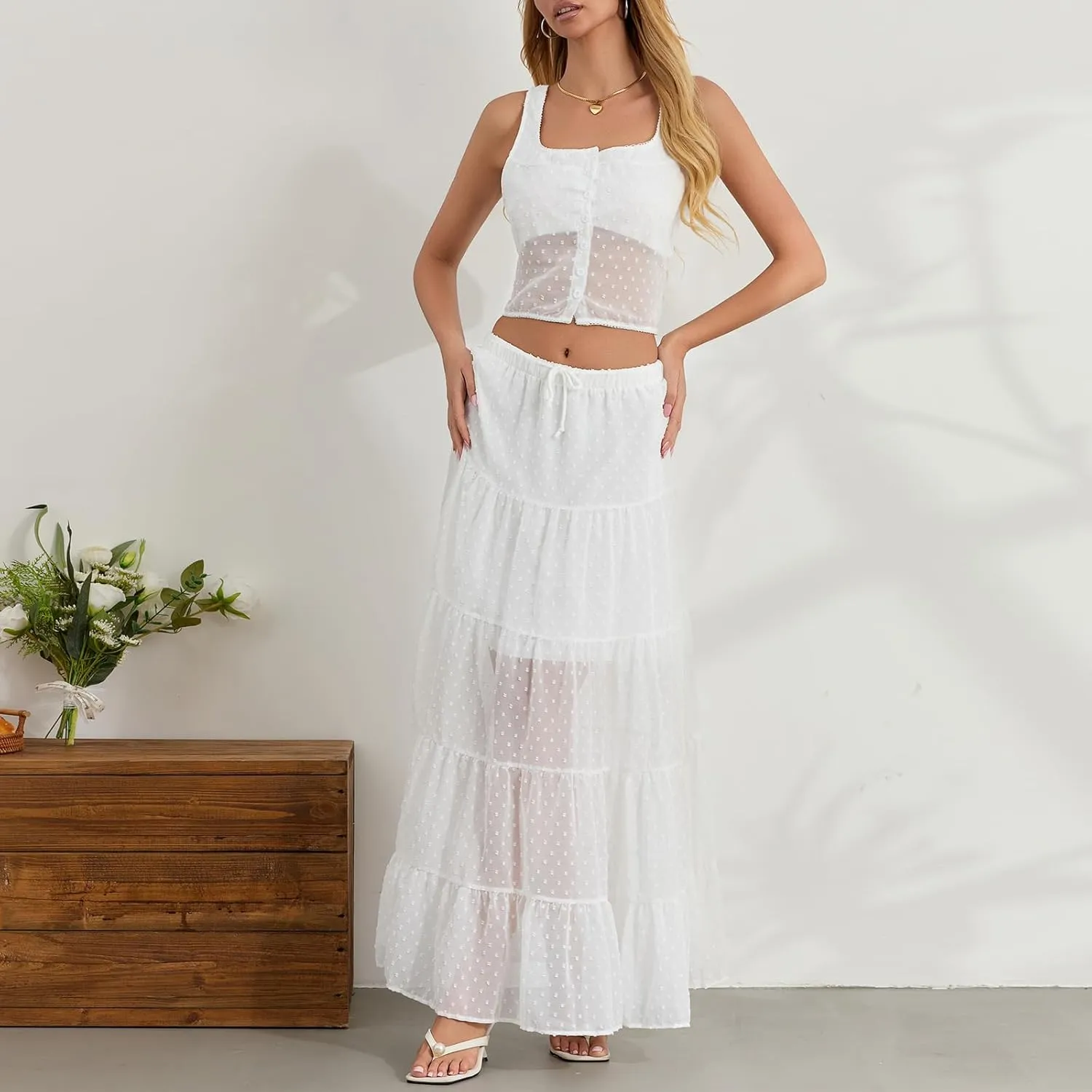 Women Summer Skirts Outfits Tie-Up Spaghetti Strap Backless Camisoles Maxi Skirt Sets Beach Vacation Clothes
