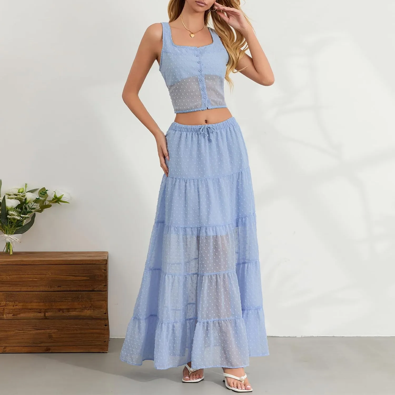 Women Summer Skirts Outfits Tie-Up Spaghetti Strap Backless Camisoles Maxi Skirt Sets Beach Vacation Clothes