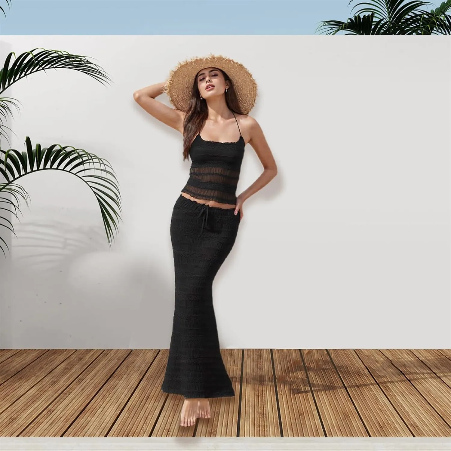 Women Summer Skirts Outfits Tie-Up Spaghetti Strap Backless Camisoles Maxi Skirt Sets Beach Vacation Clothes