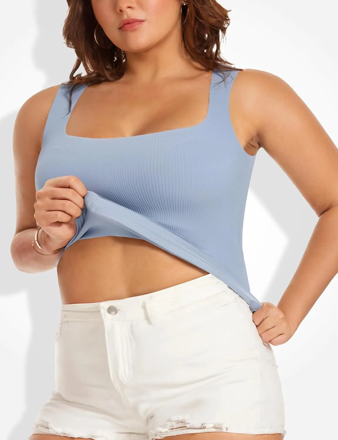 Women Tank Tops with Built in Bra Seamless Camisoles Summer Square Neck Sleeveless Crop Top L-3XL
