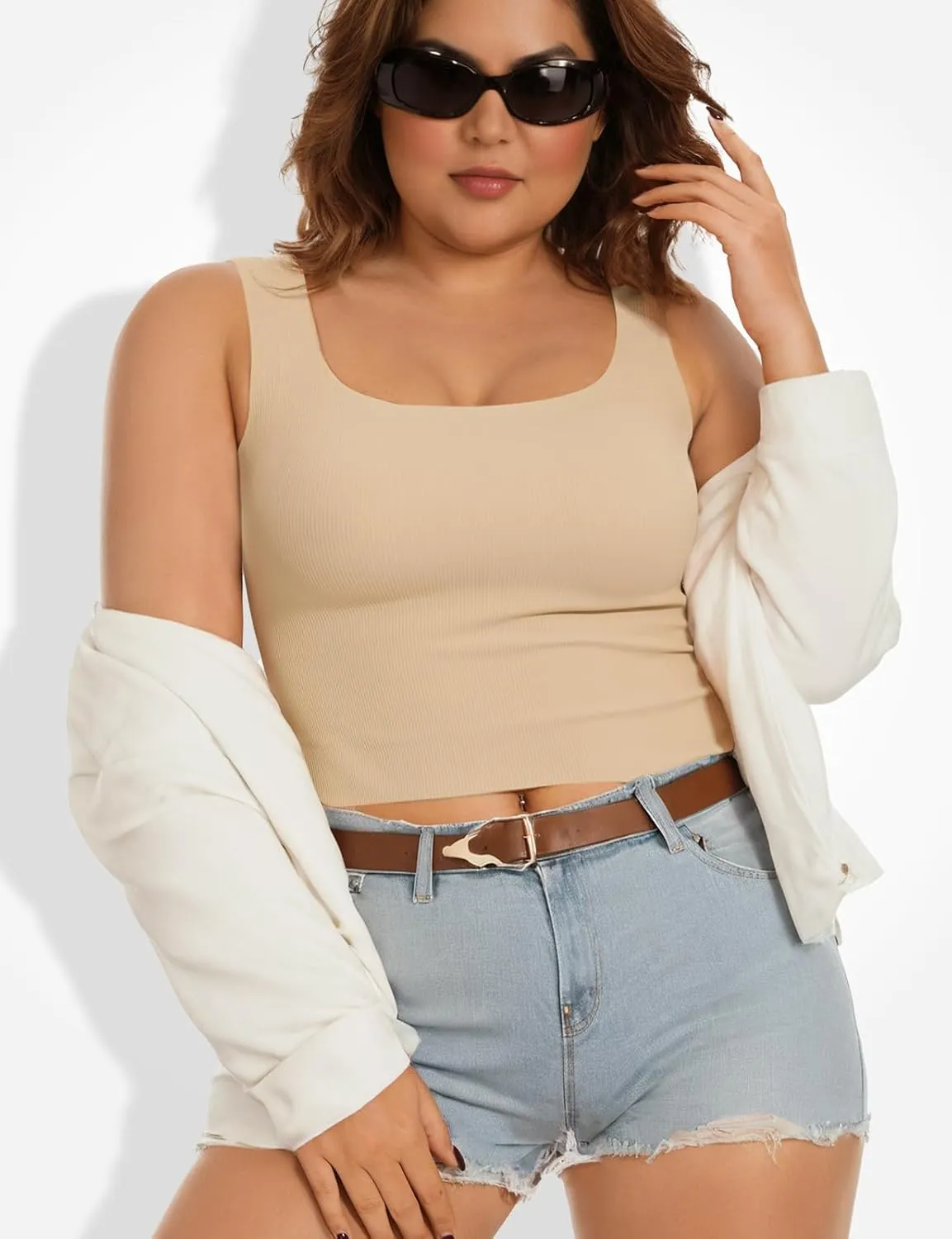 Women Tank Tops with Built in Bra Seamless Camisoles Summer Square Neck Sleeveless Crop Top L-3XL