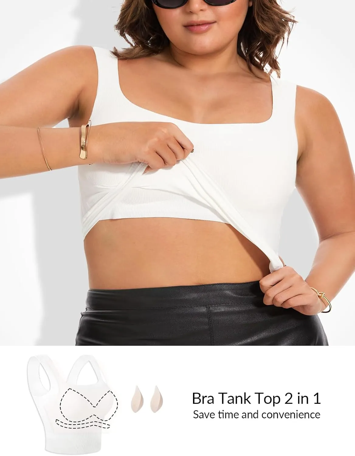 Women Tank Tops with Built in Bra Seamless Camisoles Summer Square Neck Sleeveless Crop Top L-3XL