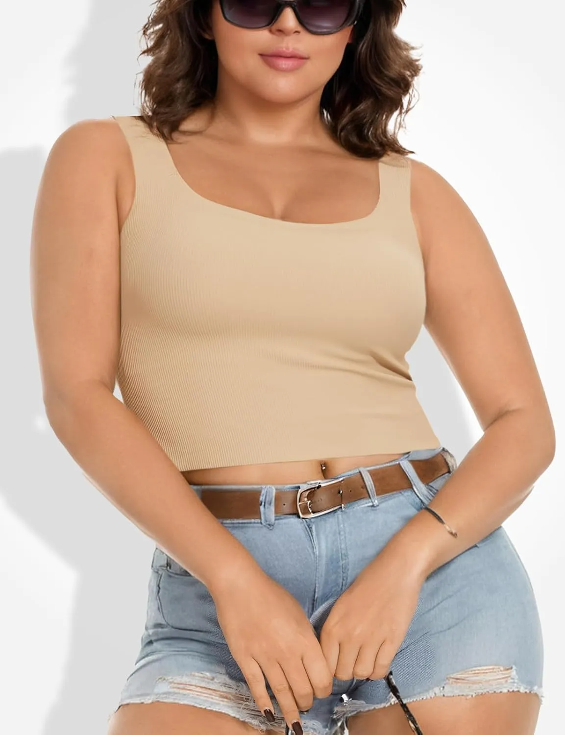 Women Tank Tops with Built in Bra Seamless Camisoles Summer Square Neck Sleeveless Crop Top L-3XL