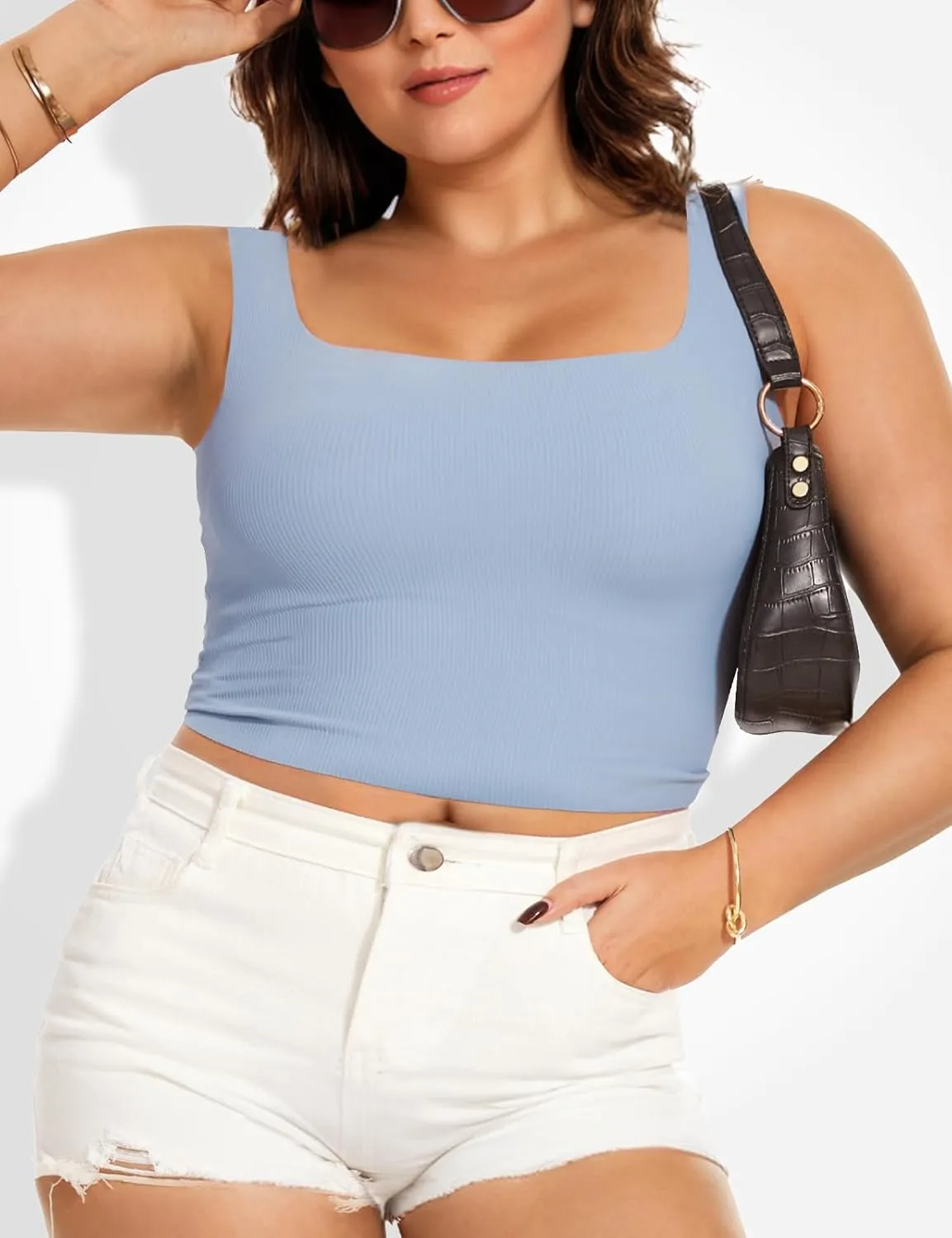 Women Tank Tops with Built in Bra Seamless Camisoles Summer Square Neck Sleeveless Crop Top L-3XL