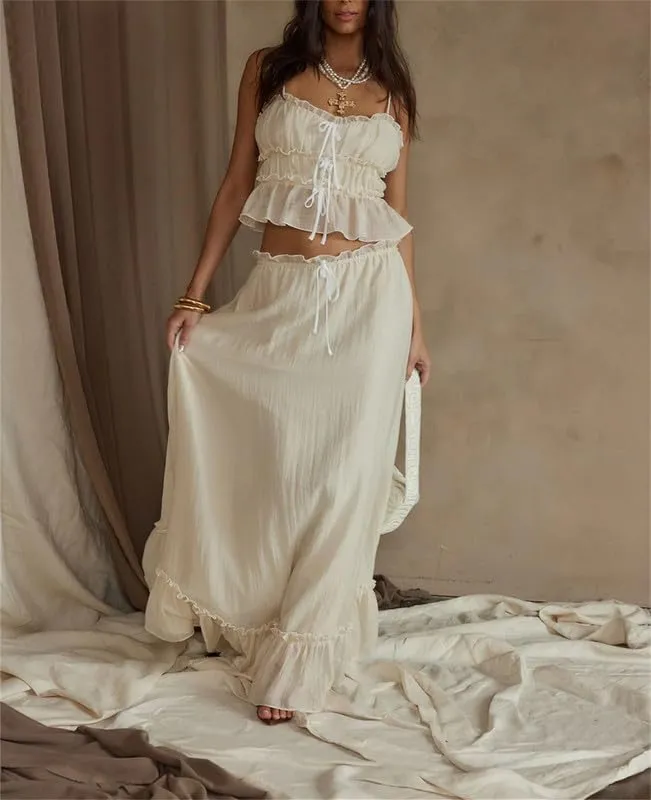 Women Y2k 2 Piece Outfits Patchwork Front Tie-Up Camisoles and Ruched Ruffle Maxi Skirt Matching Set Beachwear