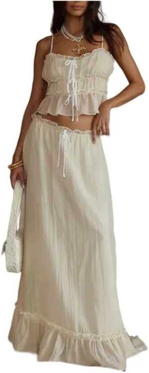 Women Y2k 2 Piece Outfits Patchwork Front Tie-Up Camisoles and Ruched Ruffle Maxi Skirt Matching Set Beachwear