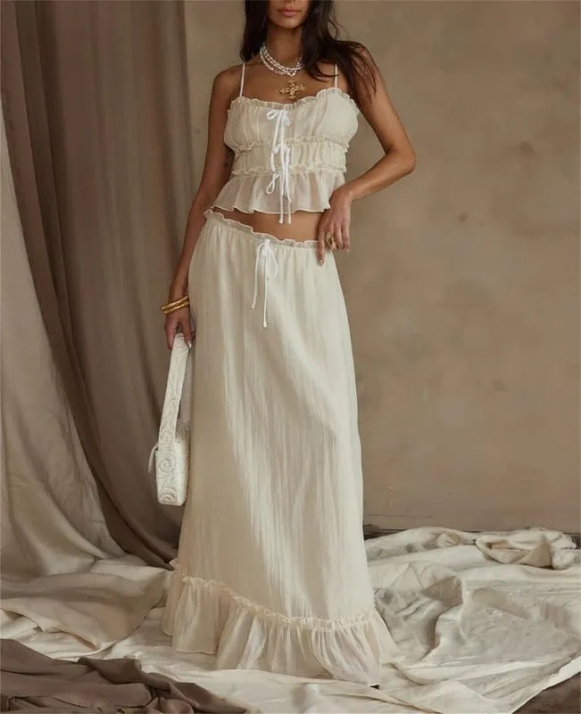 Women Y2k 2 Piece Outfits Patchwork Front Tie-Up Camisoles and Ruched Ruffle Maxi Skirt Matching Set Beachwear