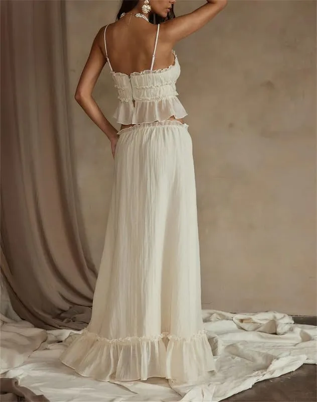 Women Y2k 2 Piece Outfits Patchwork Front Tie-Up Camisoles and Ruched Ruffle Maxi Skirt Matching Set Beachwear