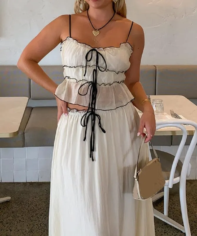 Women Y2K 2 Piece Skirt Set Spaghetti Strap Cropped Cami Ruffle Tiered Flowy Maxi Skirt Vacation Beach Outfits