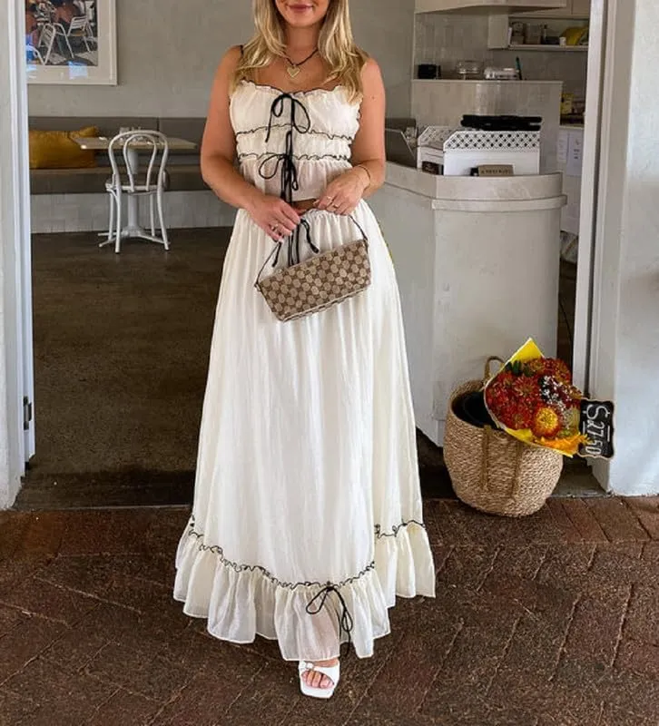 Women Y2K 2 Piece Skirt Set Spaghetti Strap Cropped Cami Ruffle Tiered Flowy Maxi Skirt Vacation Beach Outfits