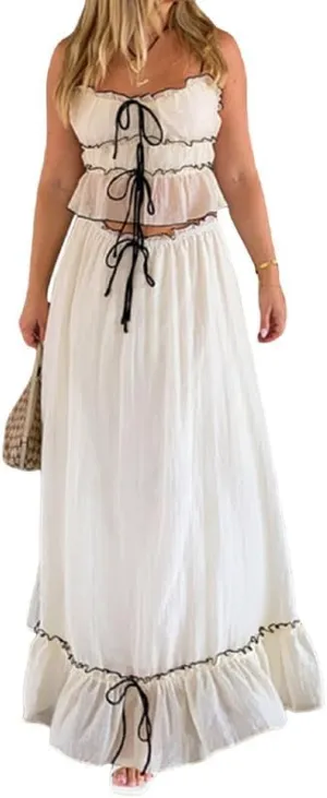 Women Y2K 2 Piece Skirt Set Spaghetti Strap Cropped Cami Ruffle Tiered Flowy Maxi Skirt Vacation Beach Outfits