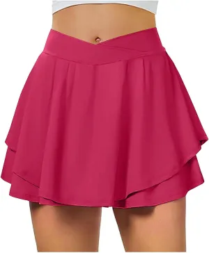 Womens Athletic Skirts Tennis Golf Shorts Criss Cross Waist High Waisted Flowy Pleated Skirts Tummy Control Skorts