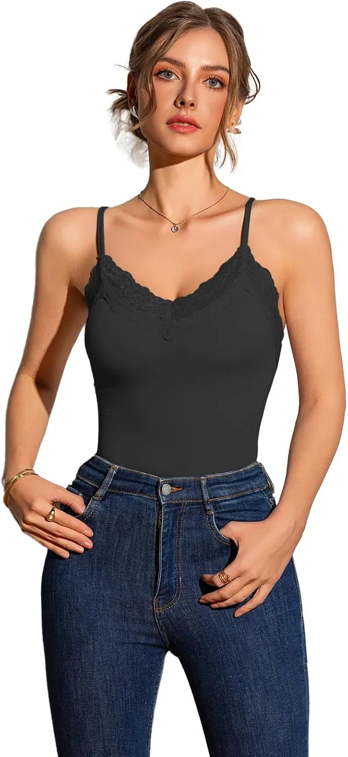Womens Camisole Tank Top Undershirt Adjustable Spaghetti Strap V-Neck Lace Stretchy Camisoles