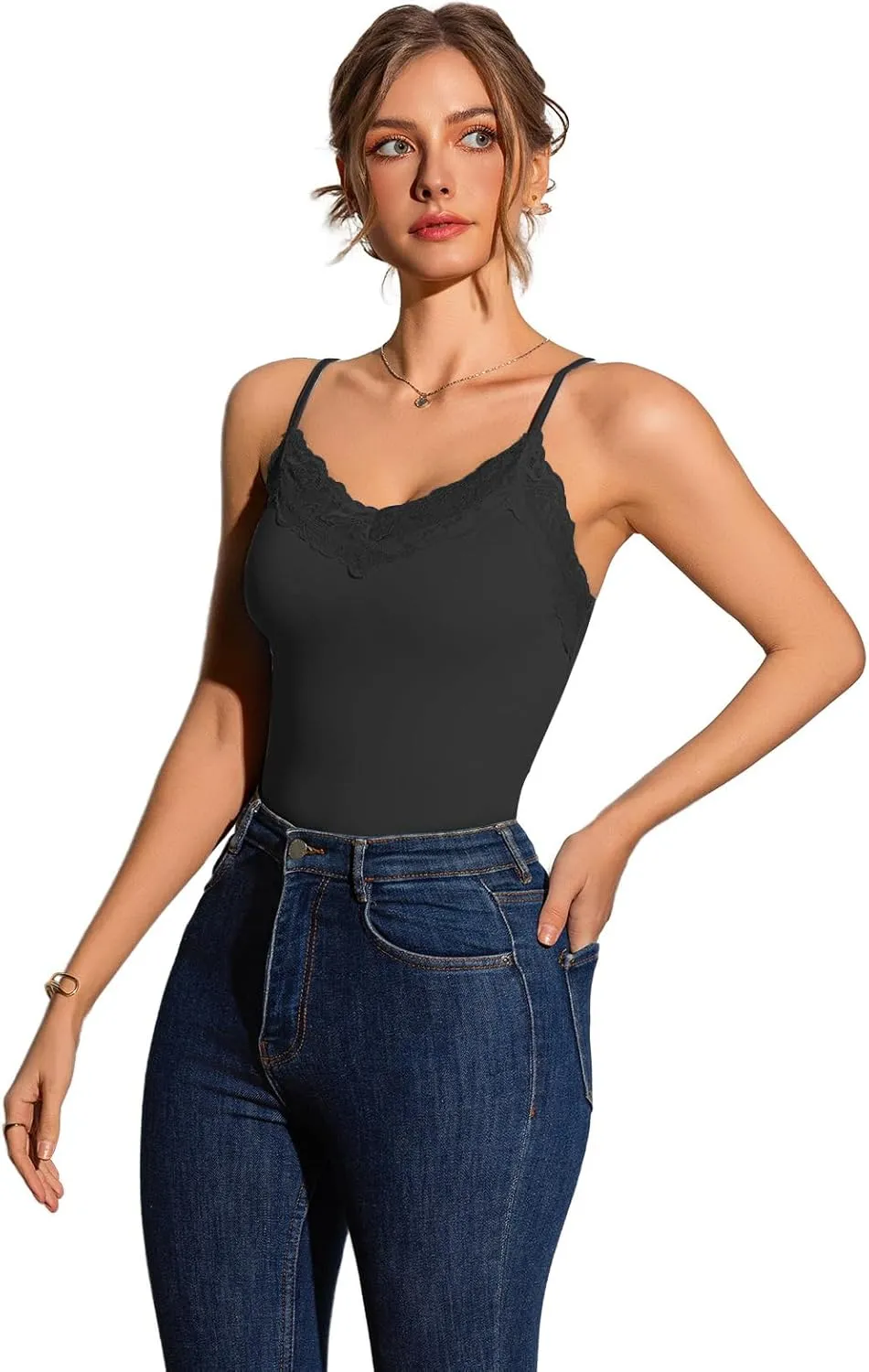 Womens Camisole Tank Top Undershirt Adjustable Spaghetti Strap V-Neck Lace Stretchy Camisoles