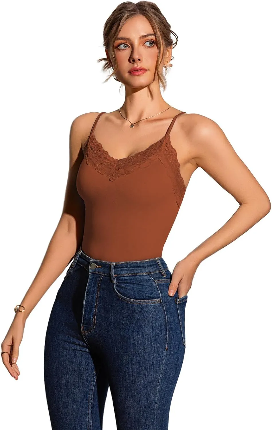 Womens Camisole Tank Top Undershirt Adjustable Spaghetti Strap V-Neck Lace Stretchy Camisoles