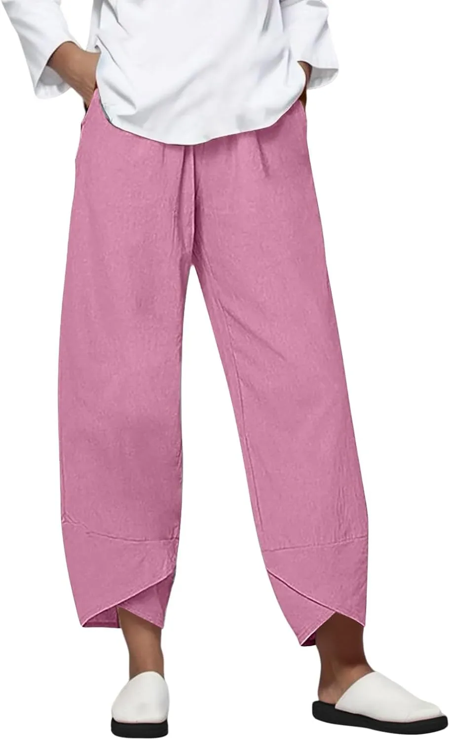 Womens Casual Cotton Linen Pants Lightweight Comfy Drawstring Loose Beach Palazzo Harem Capri Pants Trousers with Pockets