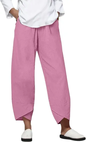 Womens Casual Cotton Linen Pants Lightweight Comfy Drawstring Loose Beach Palazzo Harem Capri Pants Trousers with Pockets