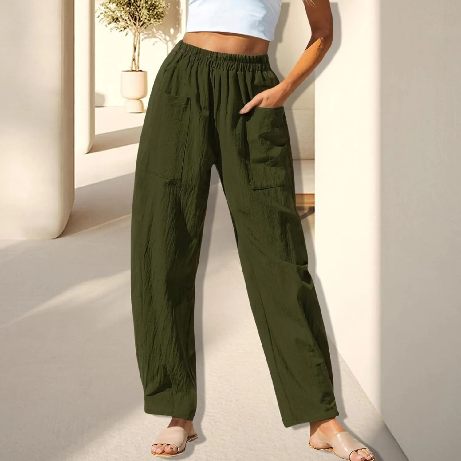 Womens Casual Cotton Linen Pants Summer Lightweight High Waisted Elastic Pants Workout Lounge Trousers 2025
