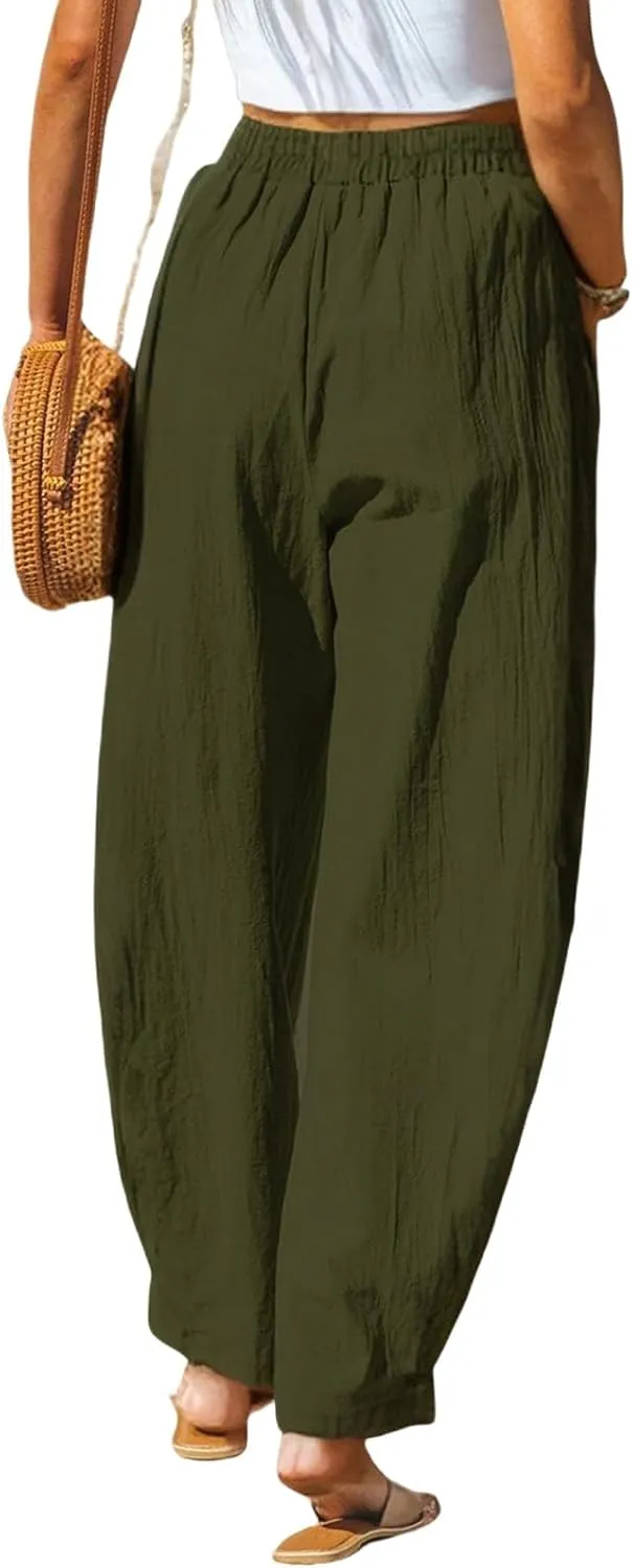 Womens Casual Cotton Linen Pants Summer Lightweight High Waisted Elastic Pants Workout Lounge Trousers 2025