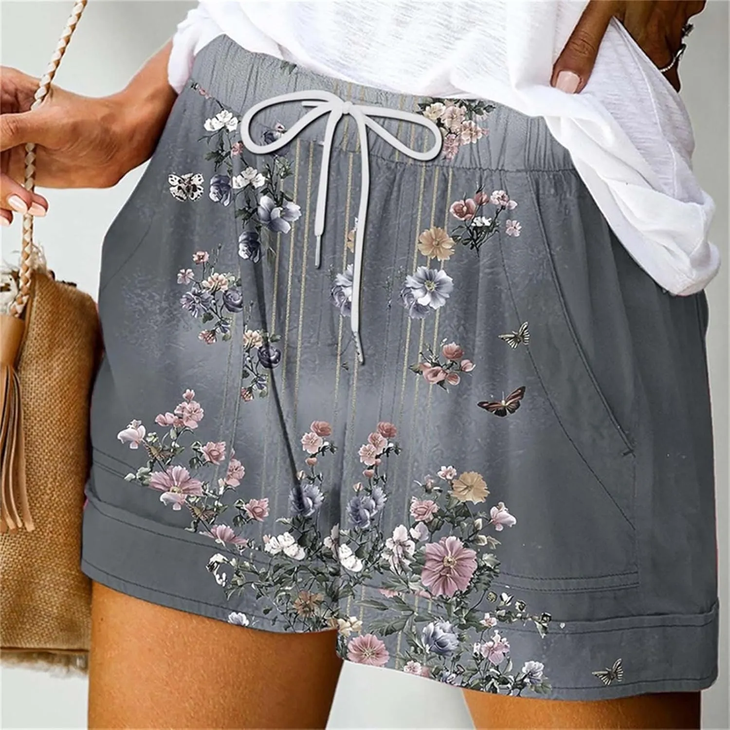 Womens Casual Shorts Fashion Floral Printed Drawstring Elastic Waisted Thin Style Short Summer Loose Comfy Crop Pant