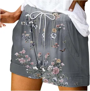 Womens Casual Shorts Fashion Floral Printed Drawstring Elastic Waisted Thin Style Short Summer Loose Comfy Crop Pant