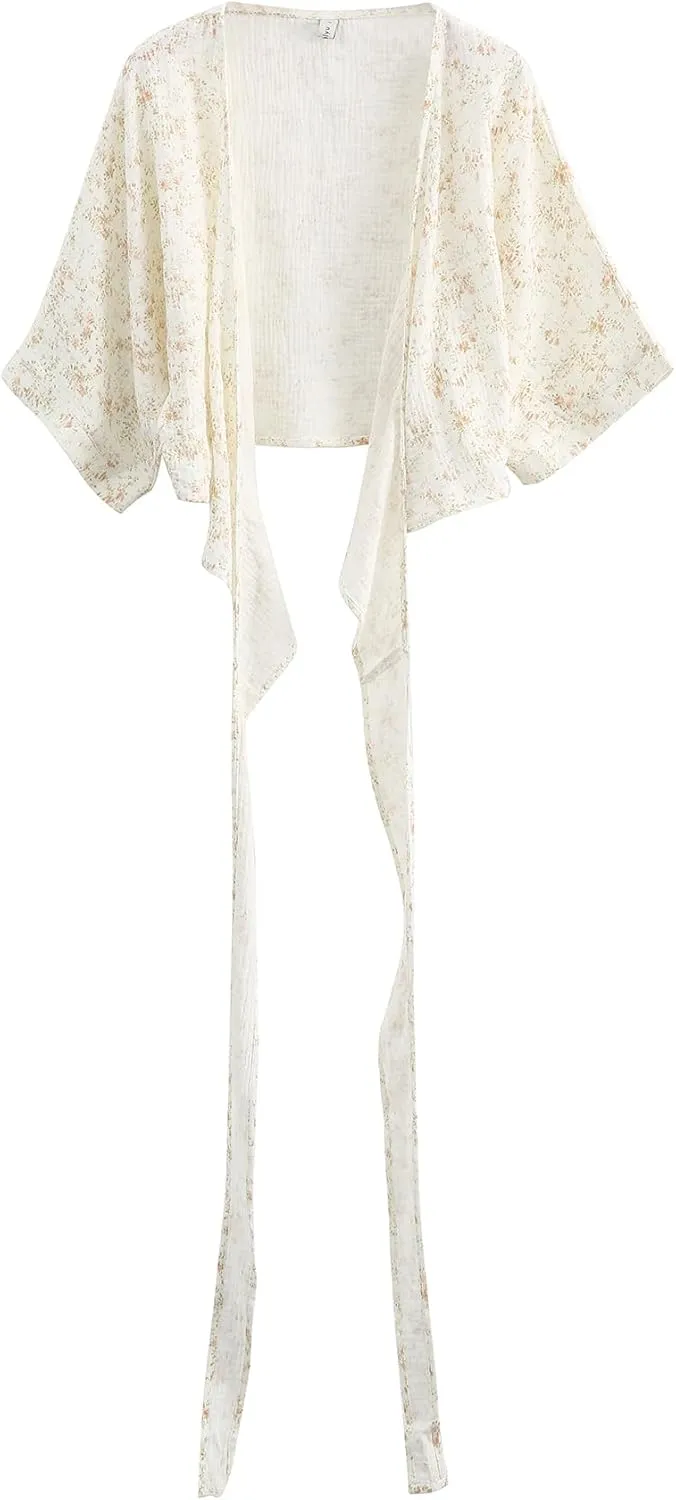 Women's Cotton Gauze Short Sleeve Crop Tops Self Tie Wrap Blouse