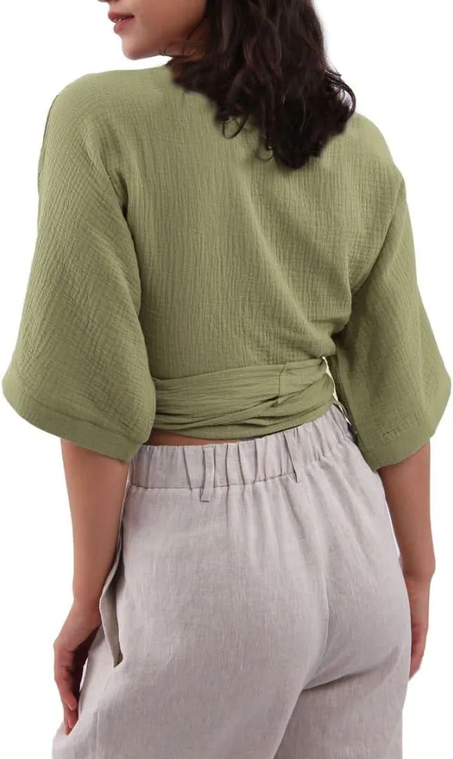 Women's Cotton Gauze Short Sleeve Crop Tops Self Tie Wrap Blouse