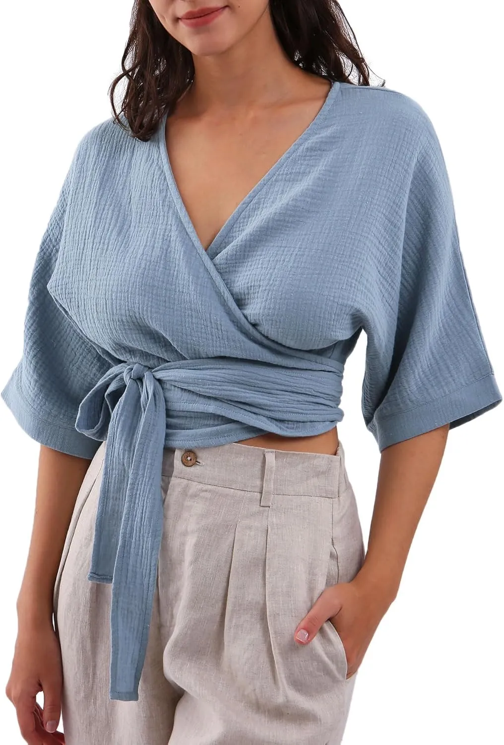 Women's Cotton Gauze Short Sleeve Crop Tops Self Tie Wrap Blouse