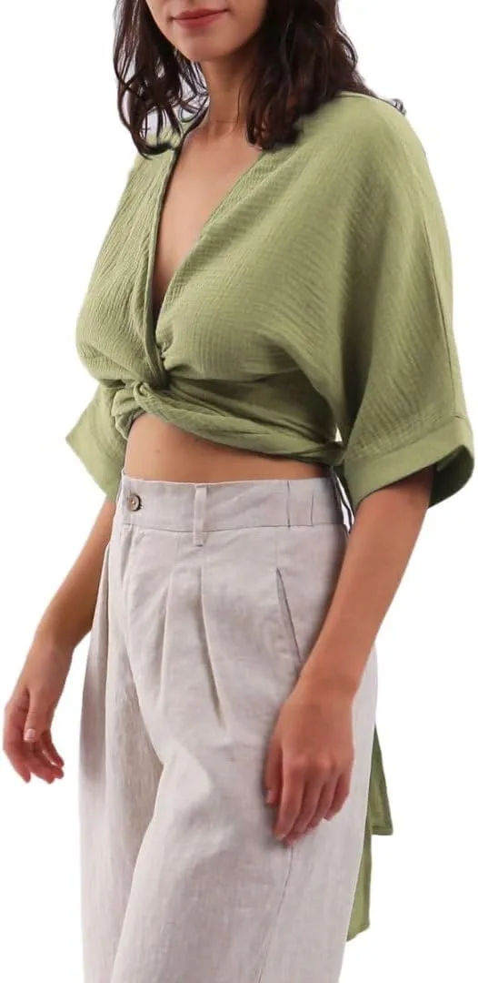 Women's Cotton Gauze Short Sleeve Crop Tops Self Tie Wrap Blouse