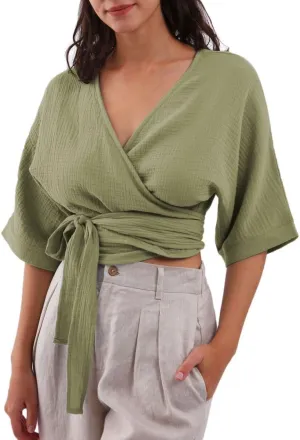 Women's Cotton Gauze Short Sleeve Crop Tops Self Tie Wrap Blouse