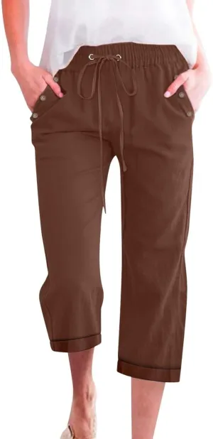Women's Cotton Linen Straight Capris Summer Drawstrings High Waist Lounge Trousers Comfy Breathable Casual Pants with Pockets