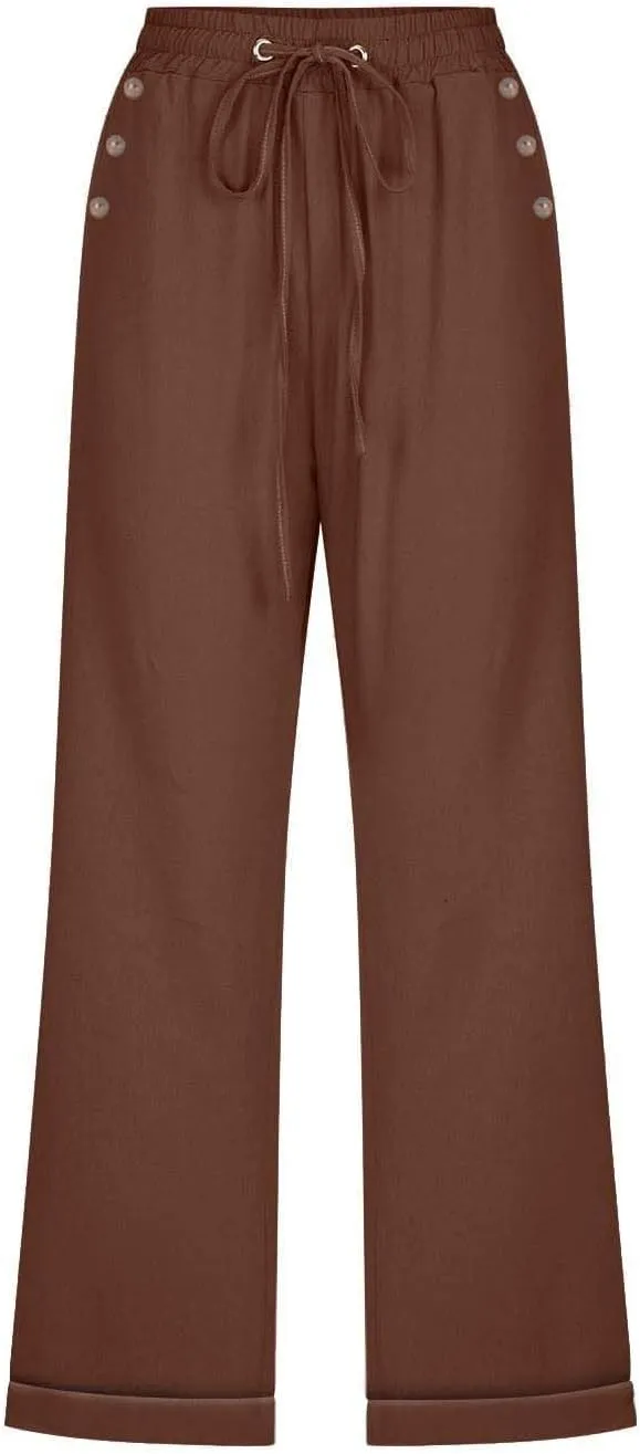 Women's Cotton Linen Straight Capris Summer Drawstrings High Waist Lounge Trousers Comfy Breathable Casual Pants with Pockets