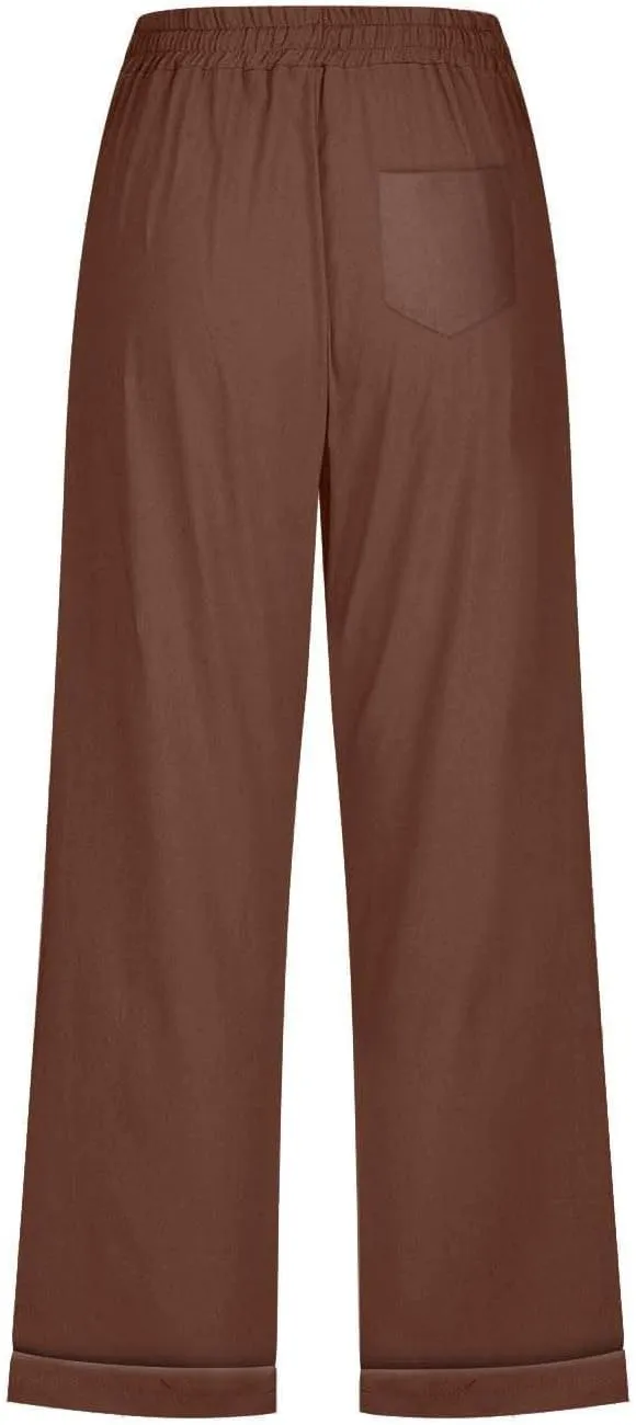 Women's Cotton Linen Straight Capris Summer Drawstrings High Waist Lounge Trousers Comfy Breathable Casual Pants with Pockets