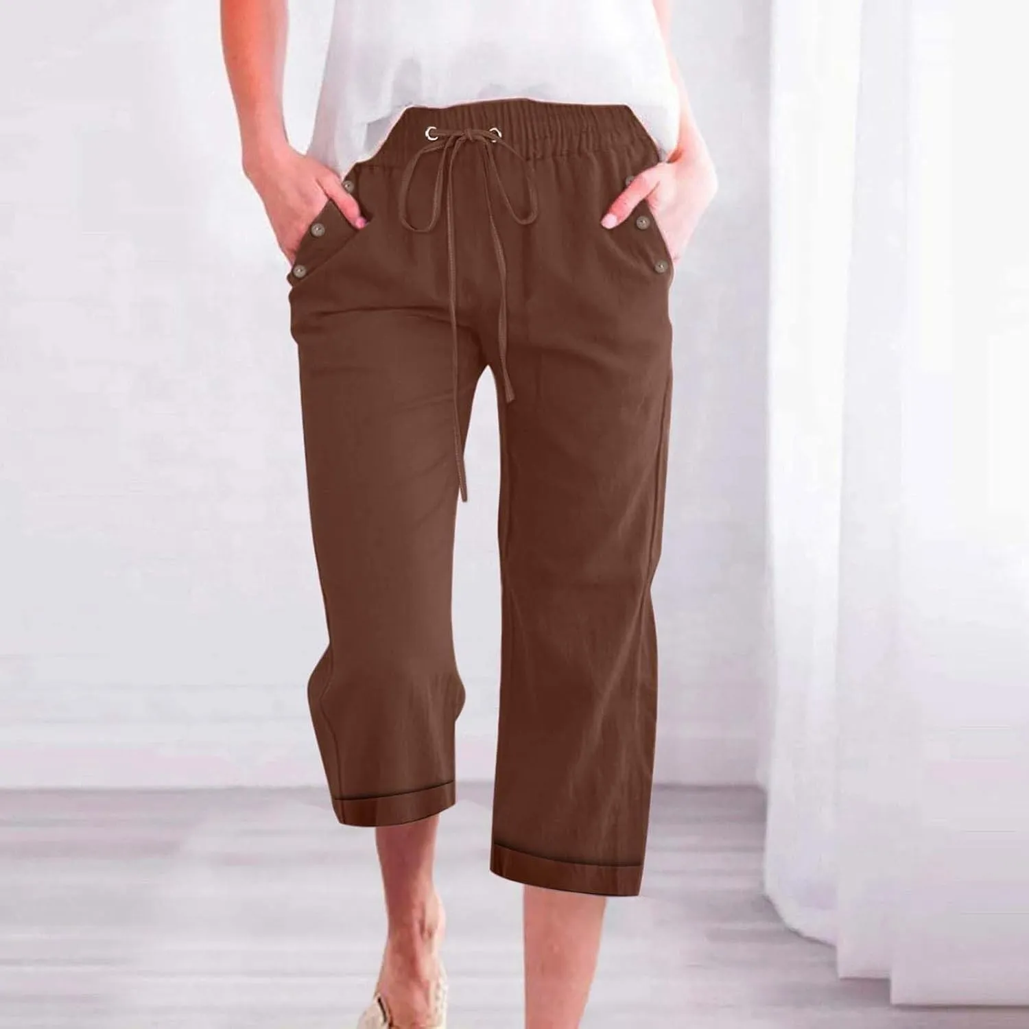 Women's Cotton Linen Straight Capris Summer Drawstrings High Waist Lounge Trousers Comfy Breathable Casual Pants with Pockets