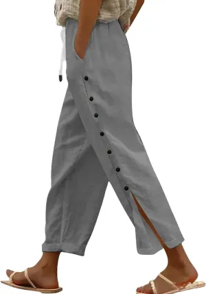 Womens Cotton Linen Straight Trousers High-Waist Summer Split Leg Pants Loose Comfy Pant for Vacation