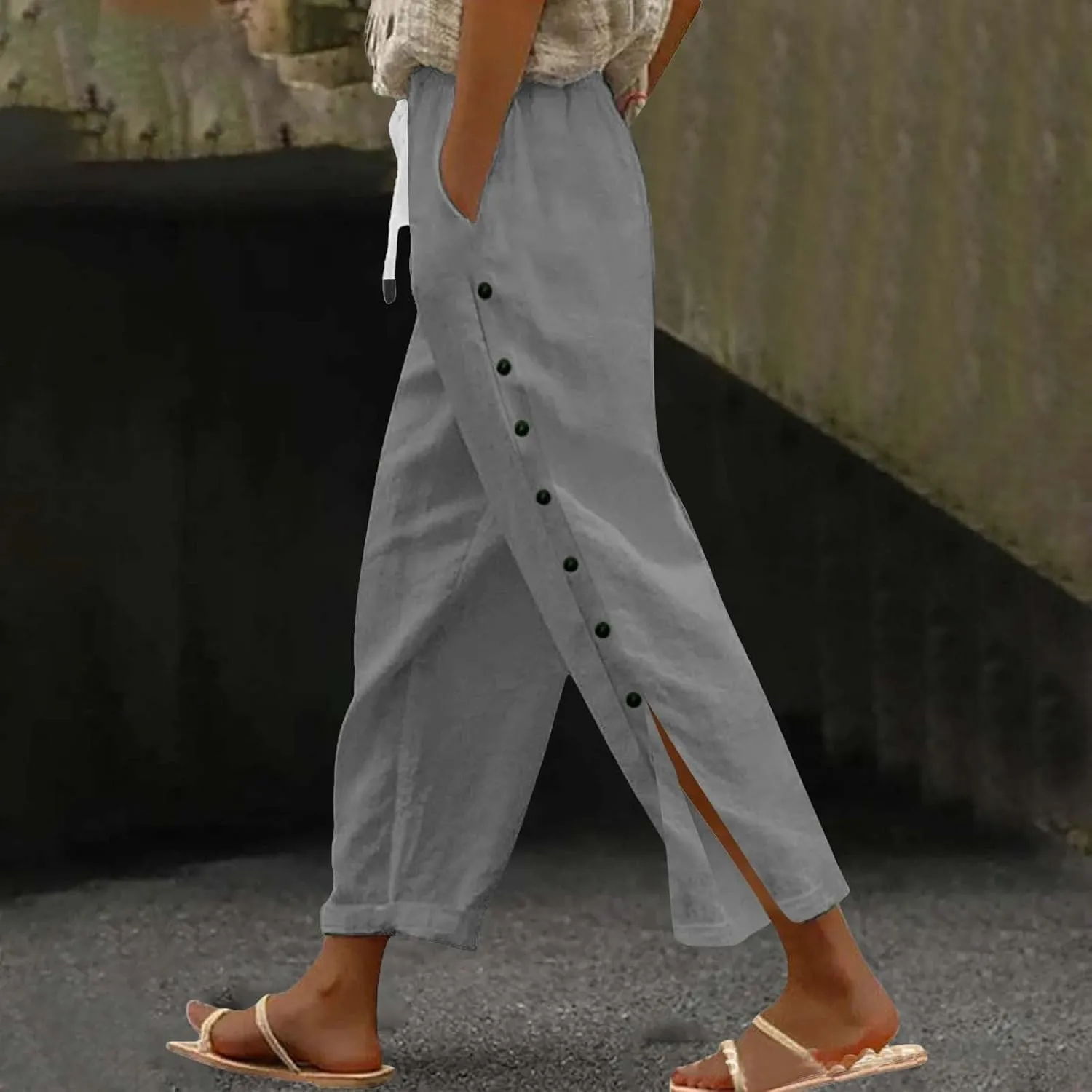 Womens Cotton Linen Straight Trousers High-Waist Summer Split Leg Pants Loose Comfy Pant for Vacation