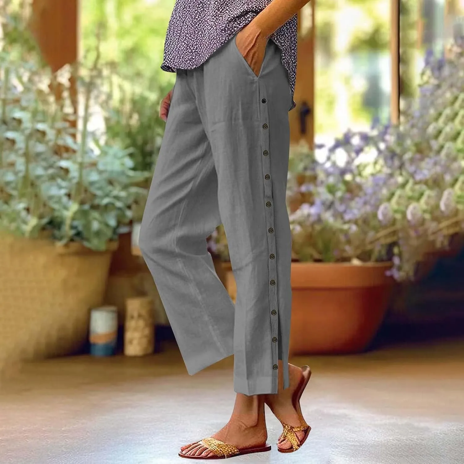 Womens Cotton Linen Straight Trousers High-Waist Summer Split Leg Pants Loose Comfy Pant for Vacation