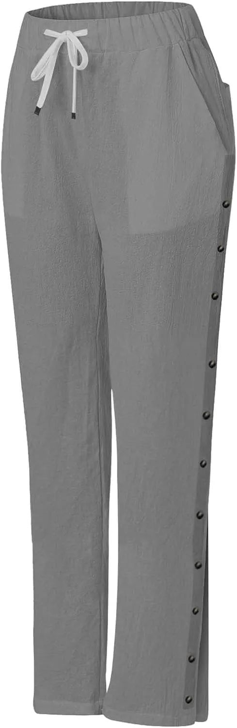 Womens Cotton Linen Straight Trousers High-Waist Summer Split Leg Pants Loose Comfy Pant for Vacation