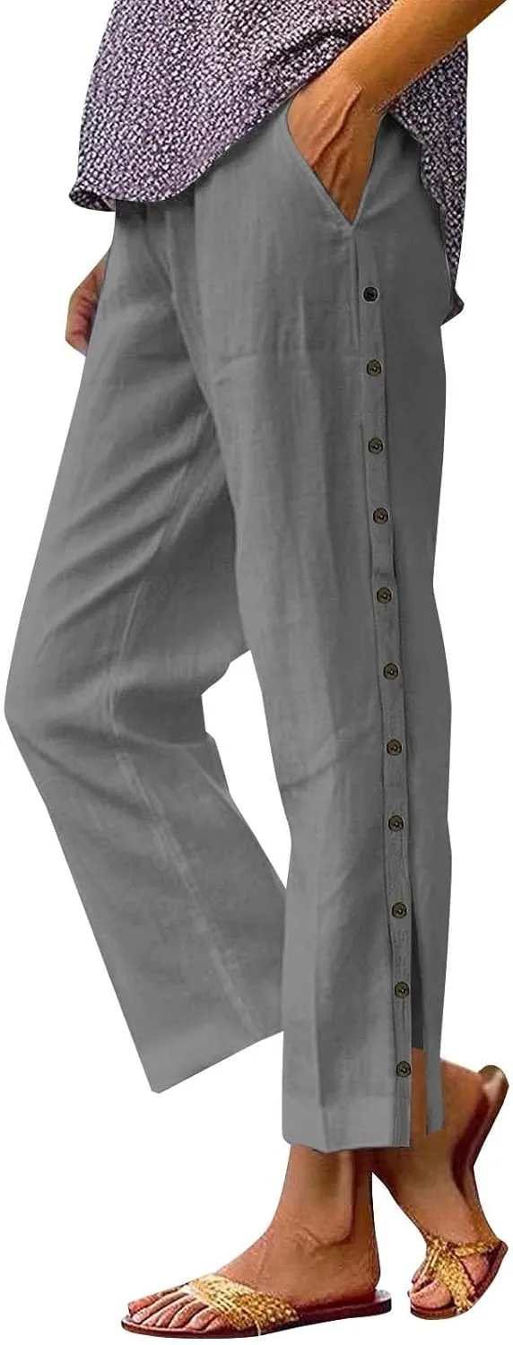 Womens Cotton Linen Straight Trousers High-Waist Summer Split Leg Pants Loose Comfy Pant for Vacation