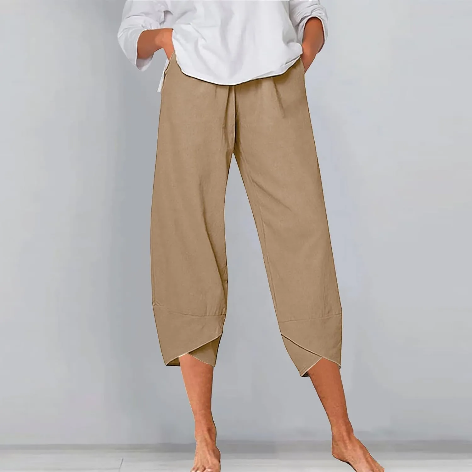 Women's Cotton Linen Summer Comfy Pant Trousers Elastic Waisted Wide Leg Slim-Fit Trousers Business Work