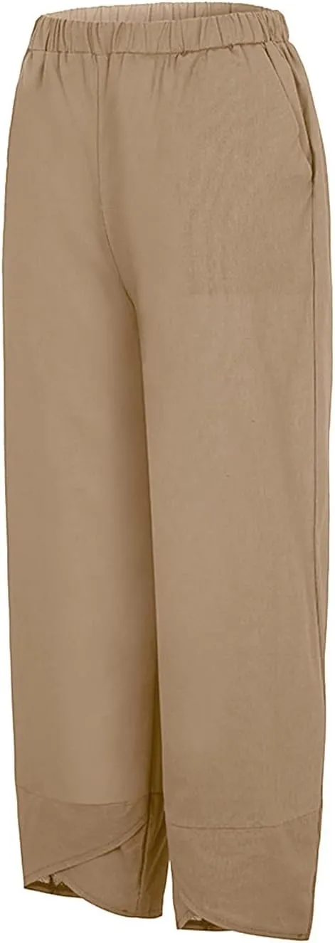 Women's Cotton Linen Summer Comfy Pant Trousers Elastic Waisted Wide Leg Slim-Fit Trousers Business Work