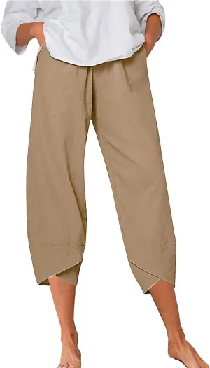 Women's Cotton Linen Summer Comfy Pant Trousers Elastic Waisted Wide Leg Slim-Fit Trousers Business Work