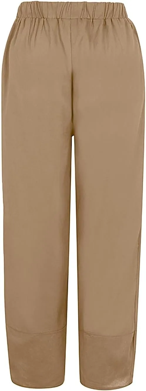 Women's Cotton Linen Summer Comfy Pant Trousers Elastic Waisted Wide Leg Slim-Fit Trousers Business Work