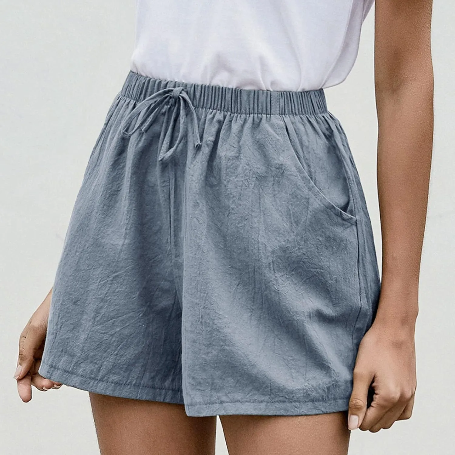 Womens Cotton Shorts Summer Comfy Linen Blend Pull On Short Breathable Elastic Waist Solid Color Work Trouser