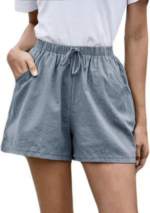 Womens Cotton Shorts Summer Comfy Linen Blend Pull On Short Breathable Elastic Waist Solid Color Work Trouser