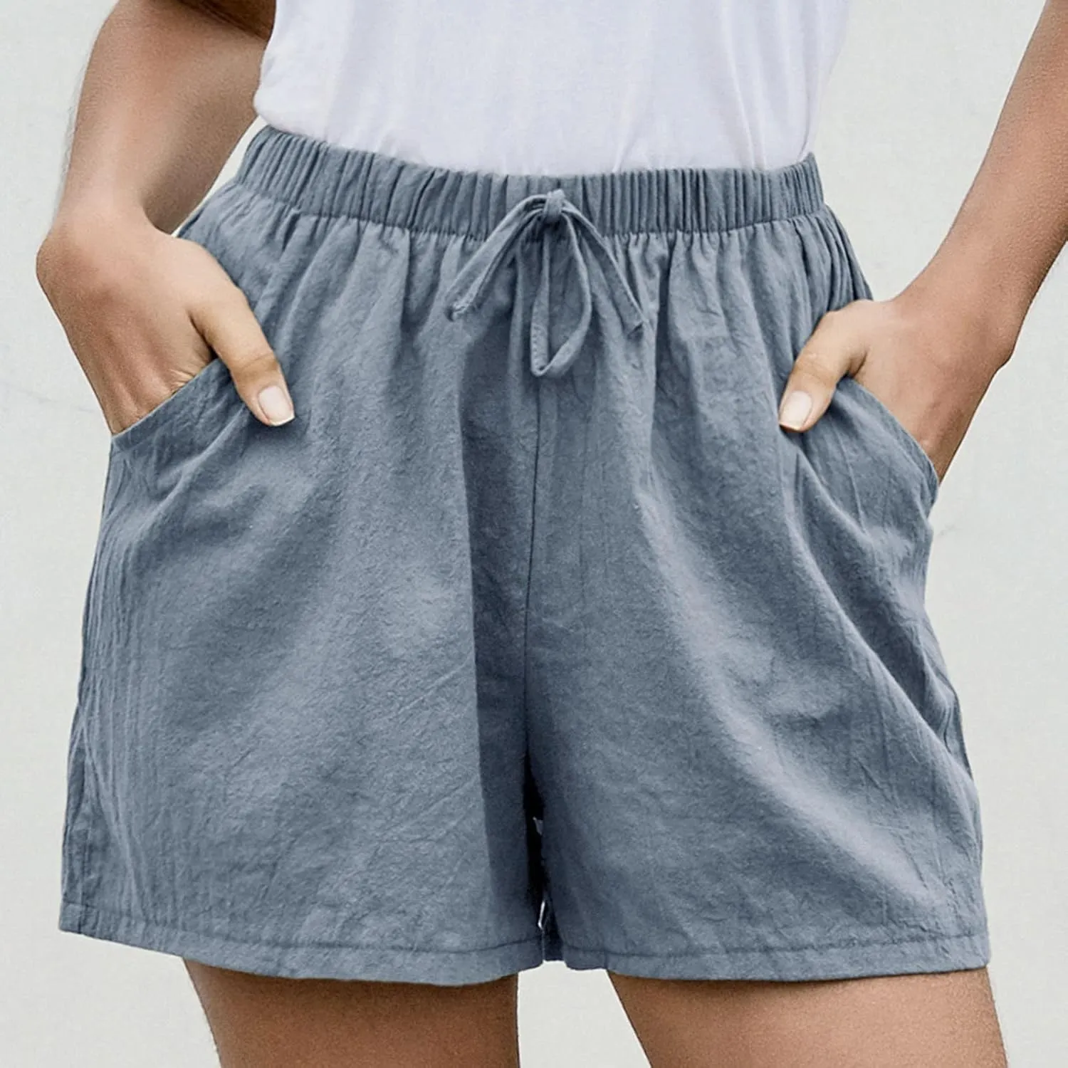 Womens Cotton Shorts Summer Comfy Linen Blend Pull On Short Breathable Elastic Waist Solid Color Work Trouser