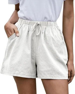 Womens Cotton Shorts Summer Comfy Linen Blend Pull On Short Breathable Elastic Waist Solid Color Work Trouser