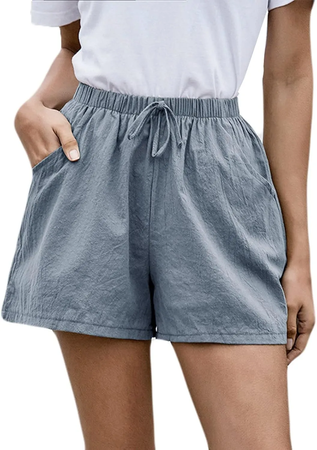 Womens Cotton Shorts Summer Comfy Linen Blend Pull On Short Breathable Elastic Waist Solid Color Work Trouser