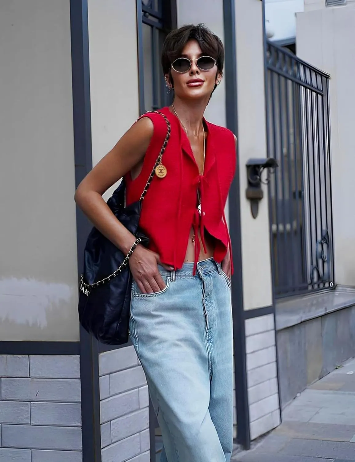 Women's Crochet Sweater Vest Summer Casual Sleeveless Crew Neck Tie Front Knit Vest Top Cardigan