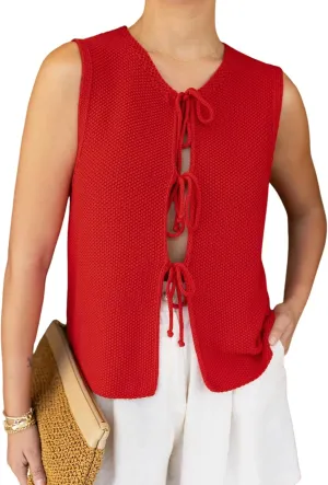Women's Crochet Sweater Vest Summer Casual Sleeveless Crew Neck Tie Front Knit Vest Top Cardigan